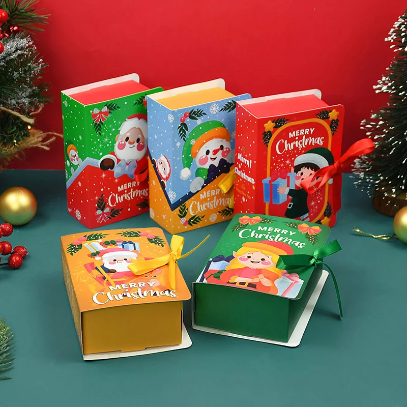 

5p Book Shape Merry Christmas Candy Gift Box Santa Elk Snowman Cookie Cakes Baking Boxes Bag New Year Xmas Party Gift Decor Case