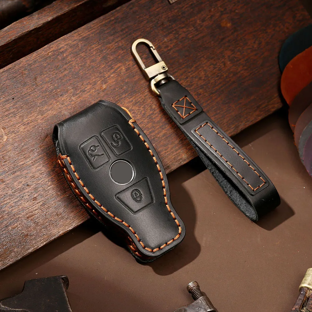 

Leather 1x Car Key Cover 3 Buttons Automotive Interior Black Blue For Benz 2013-2018 A-Class For Benz 2014-2019 CLA