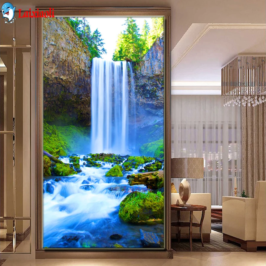 

5D алмазная живопись «сделай сам», пейзаж водопада, полноразмерная круглая вышивка, природный пейзаж, вышивка крестиком, мозаика, Большой Декор для дома