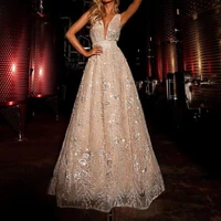 2022 spaghetti strap deep v neck cocktail dresses a line sequined printing mesh party fashion elegant sexy long woman prom dress