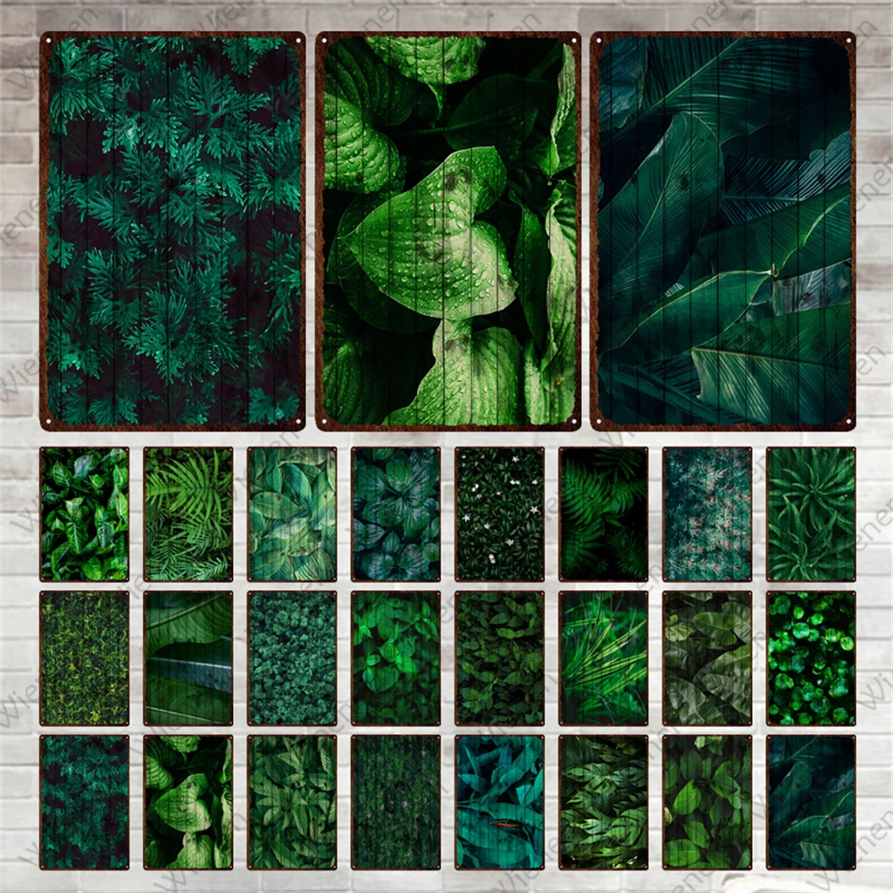 

Green Plant Vintage Plaque Metal Tin Sign Green Leaves Wall Art Decoration Plate for Garden Living Room Kitchen Iron Painting