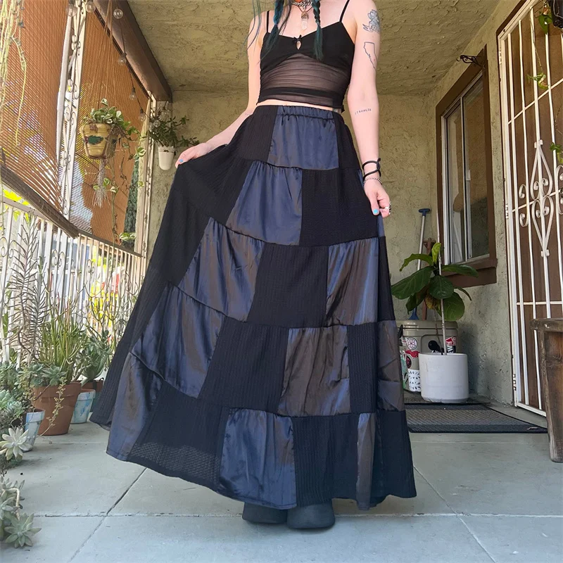 

hirigin y2k Vintage Print Block Patchwork Long Skirts Boho Grunge Fairycore Retro Pleated Skirts Kawaii Holiday Women Streetwear