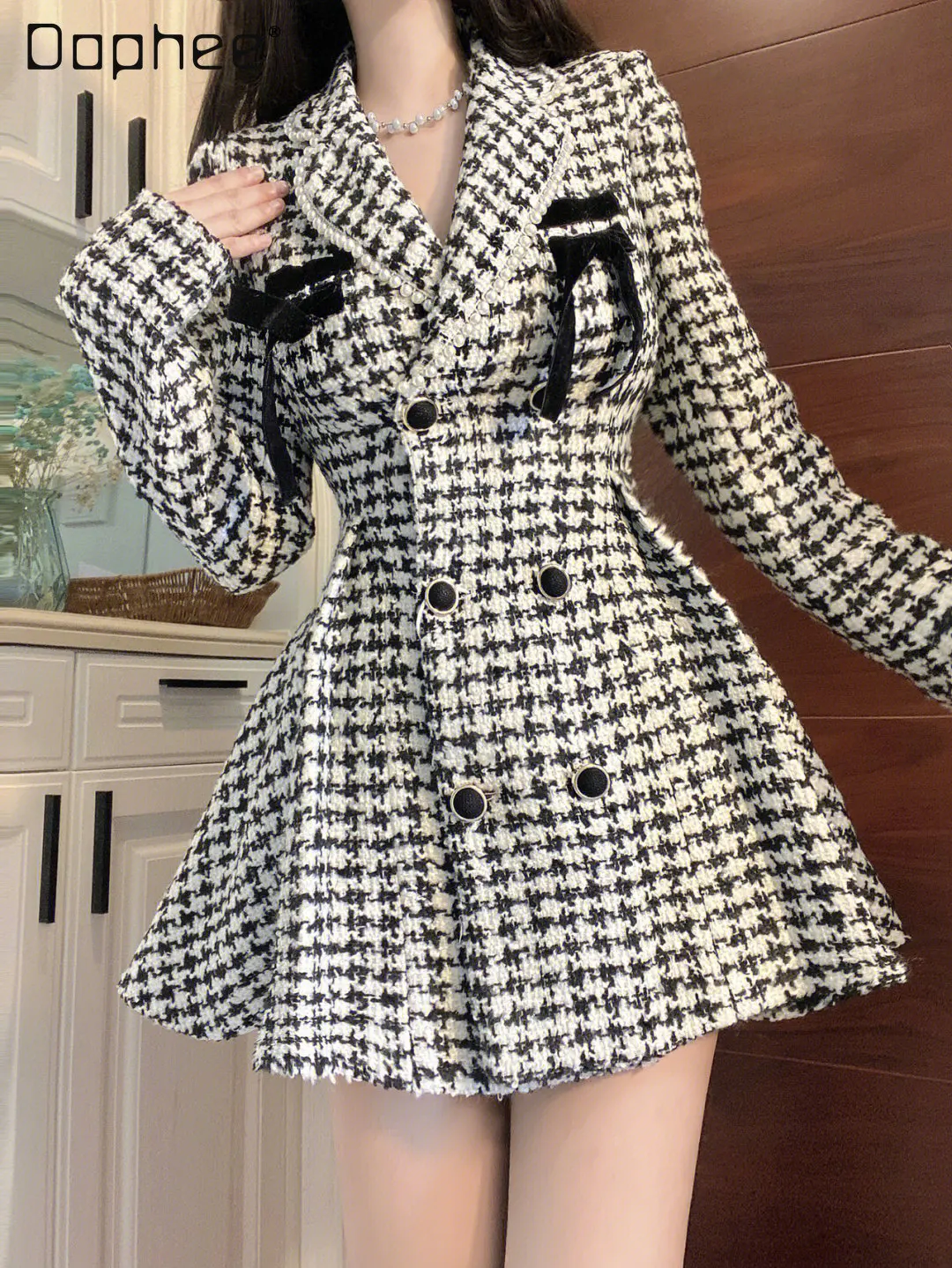 Princess Winter Ladies Houndstooth Woolen Dress 2022 New Sweet Woman Double-Breasted High Waist Long Sleeve Short Plaid Dresses