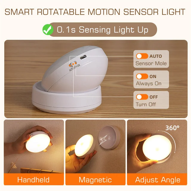 360° Rotating Rechargeable PIR Motion Sensor LED Night Light: Versatile Wireless Wall Lamp for Cabinets and Closets 2