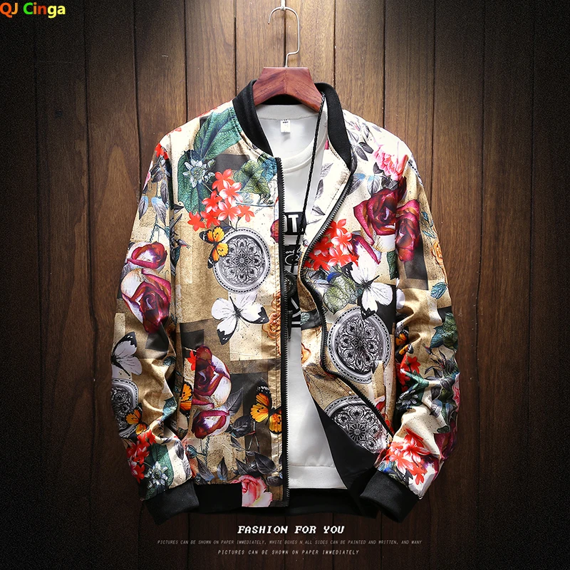 

Spring and Autumn Boutique Print Men's Casual Stand Collar Jacket Social Street Male Coat 21 Colors To Choose From Bomber Coat