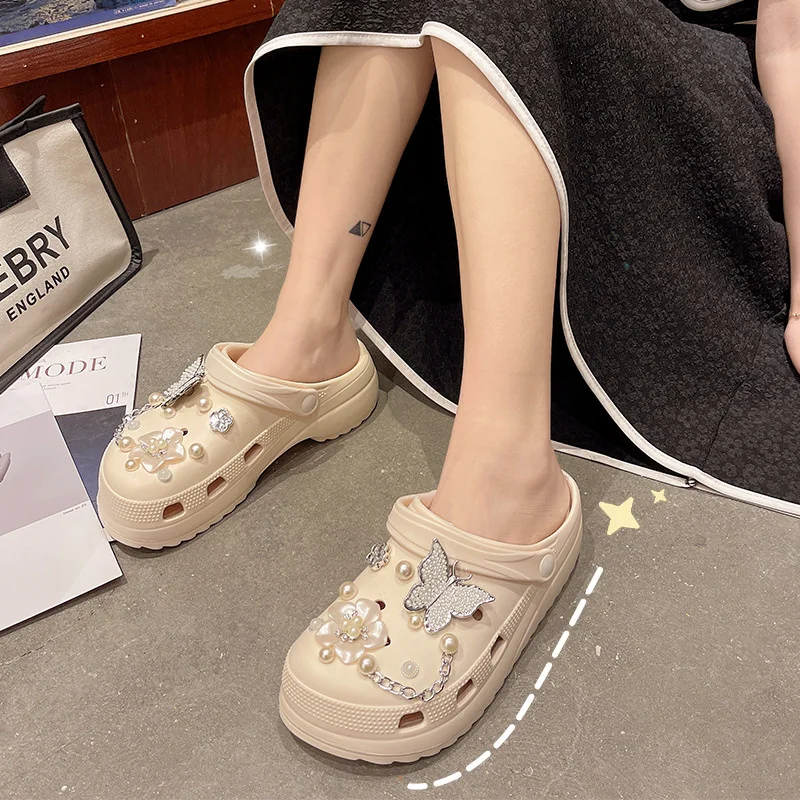 

Summer Women Slippers Shoes With Charms Jewelry Garden Shoes Wedges Platform Sandals Antiskid Female Clogs Flip Flops For Woman