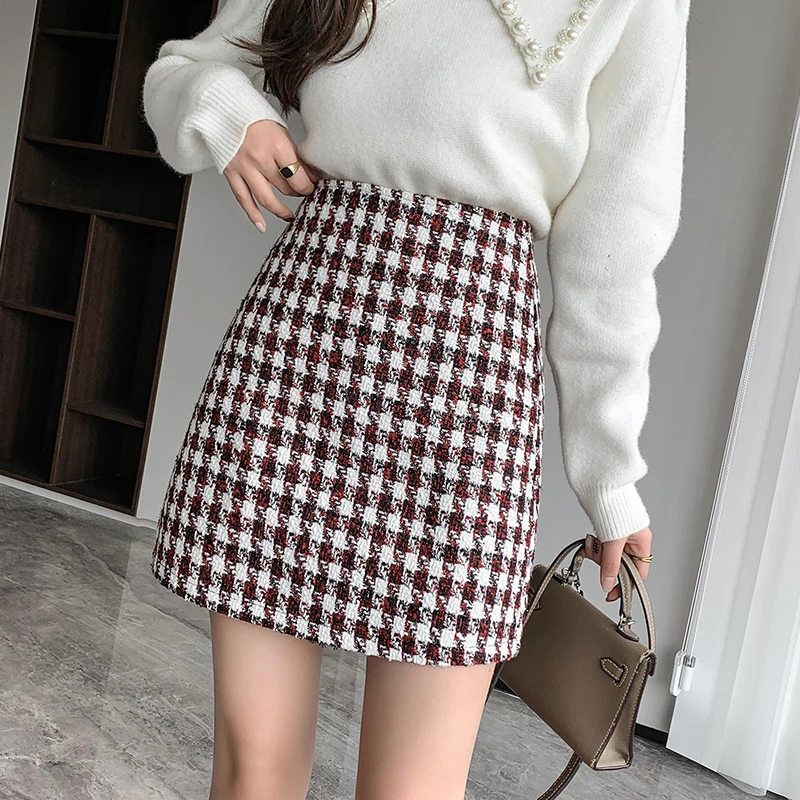 

Plaid Tweed Skirts Women Elegant Woolen Mini Skirt Harajuku Slim Office Lady Korean Vintage Pencil Skirts Autumn Winter O125