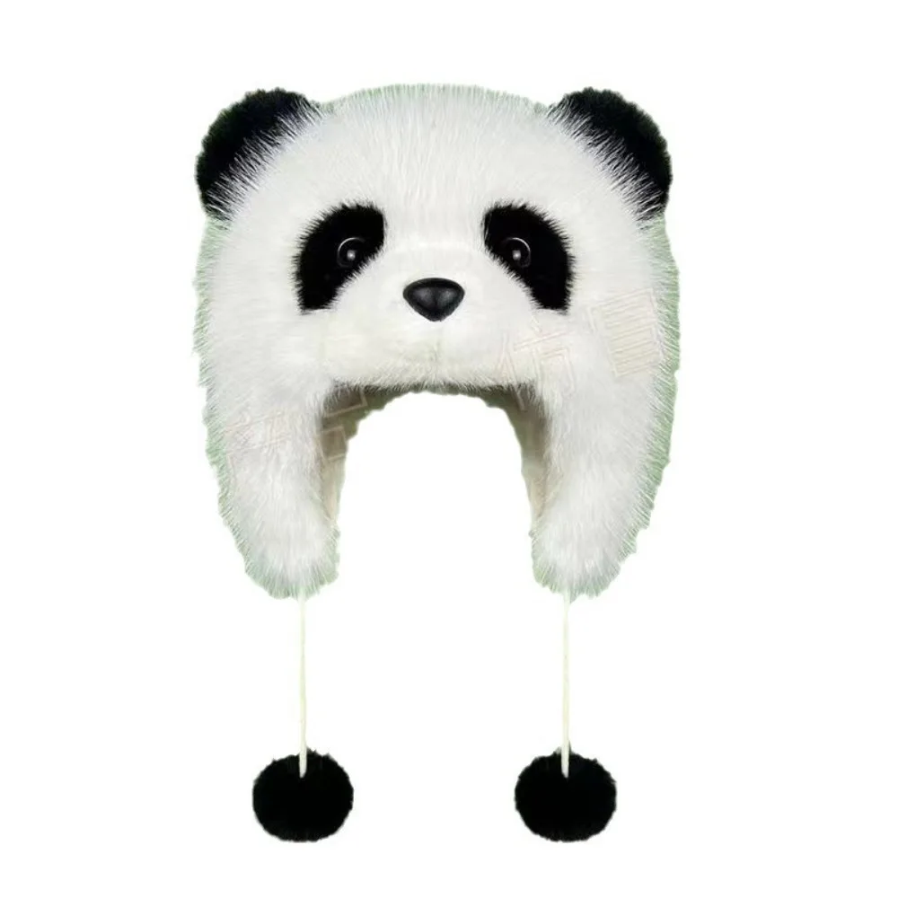 Милая теплая уличная шапка однотонная утепленная в виде панды с большой