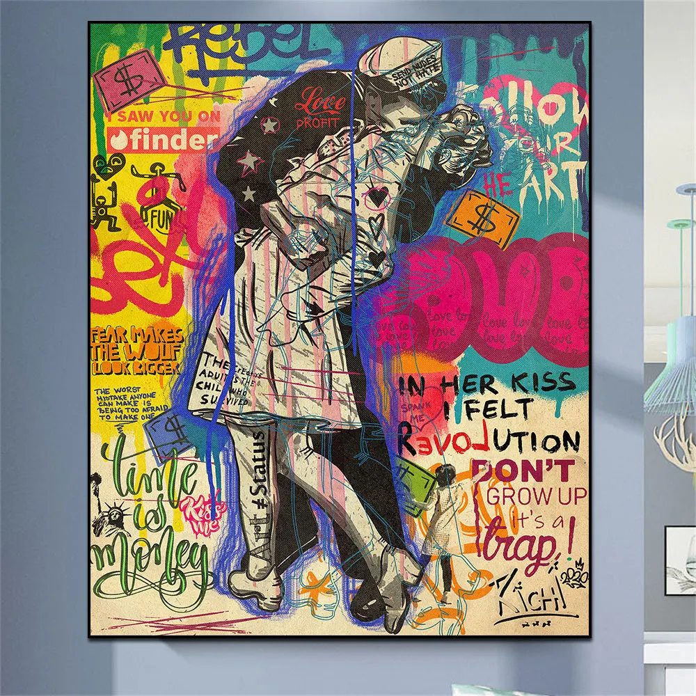 

Couple Kissing Street Graffiti Art Posters And Prints Canvas Painting on The Wall Art Picture For Living Room Home Decoration