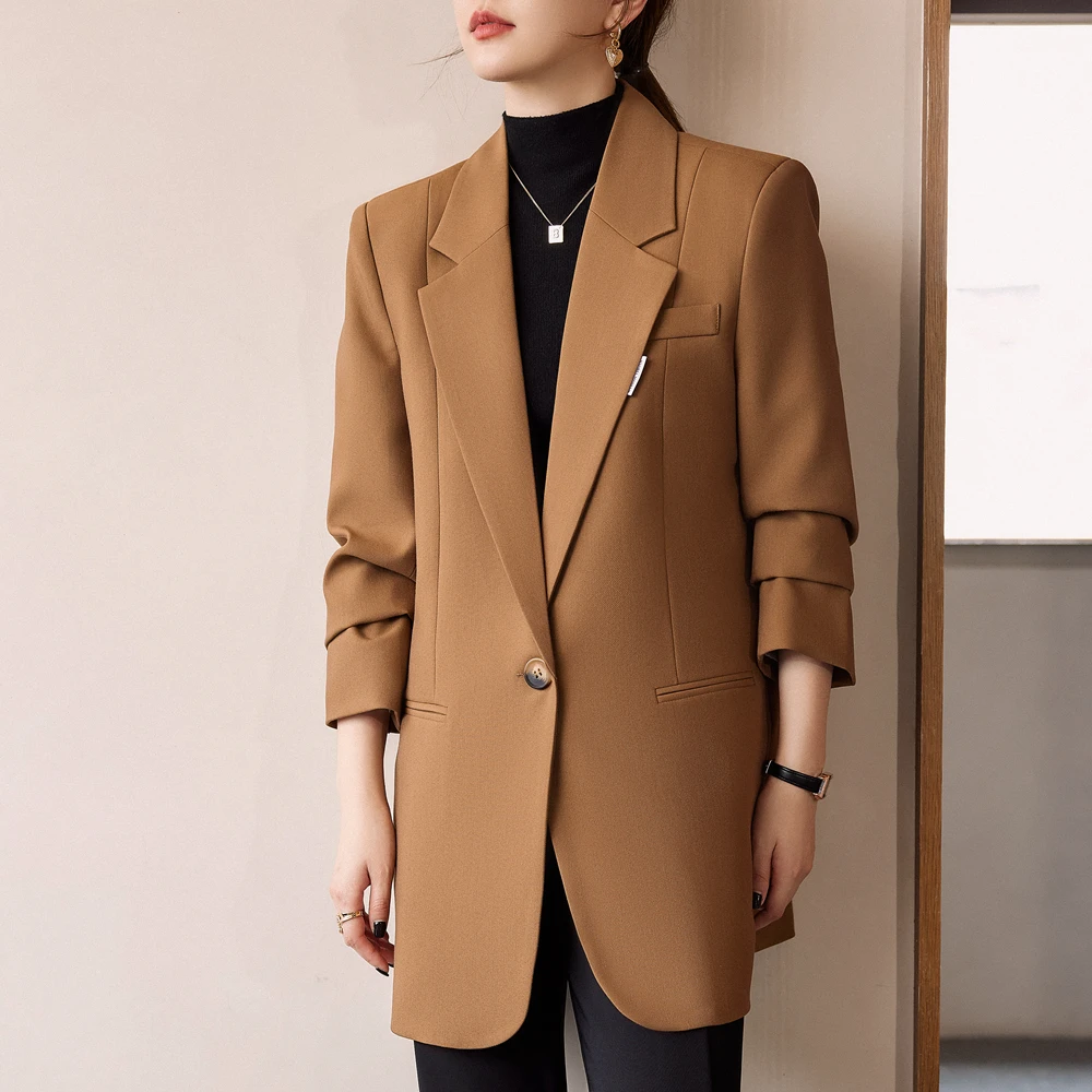 Korean Autumn Winter Women Coffee Gray Formal Blazer Office Ladies Female Long Sleeve Wide Loose Business Work Wear Jacket Coat