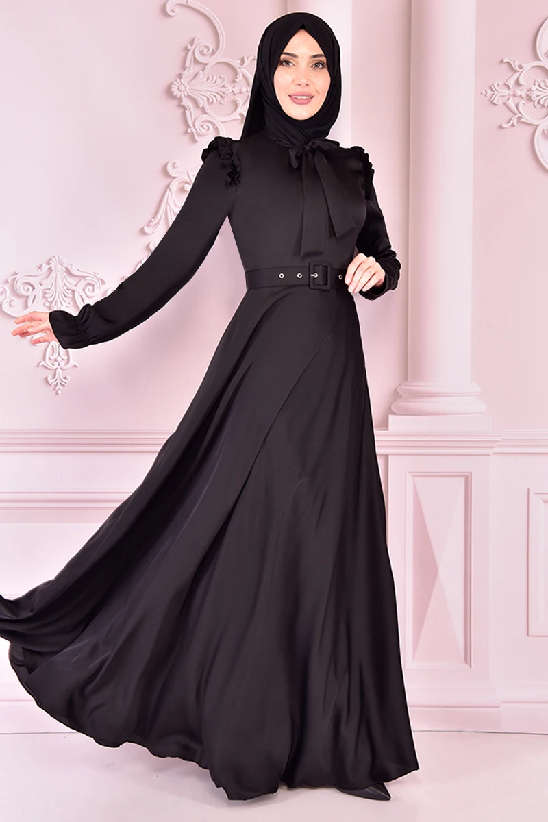 Атласное платье с поясом, черный цвет, ev14822
