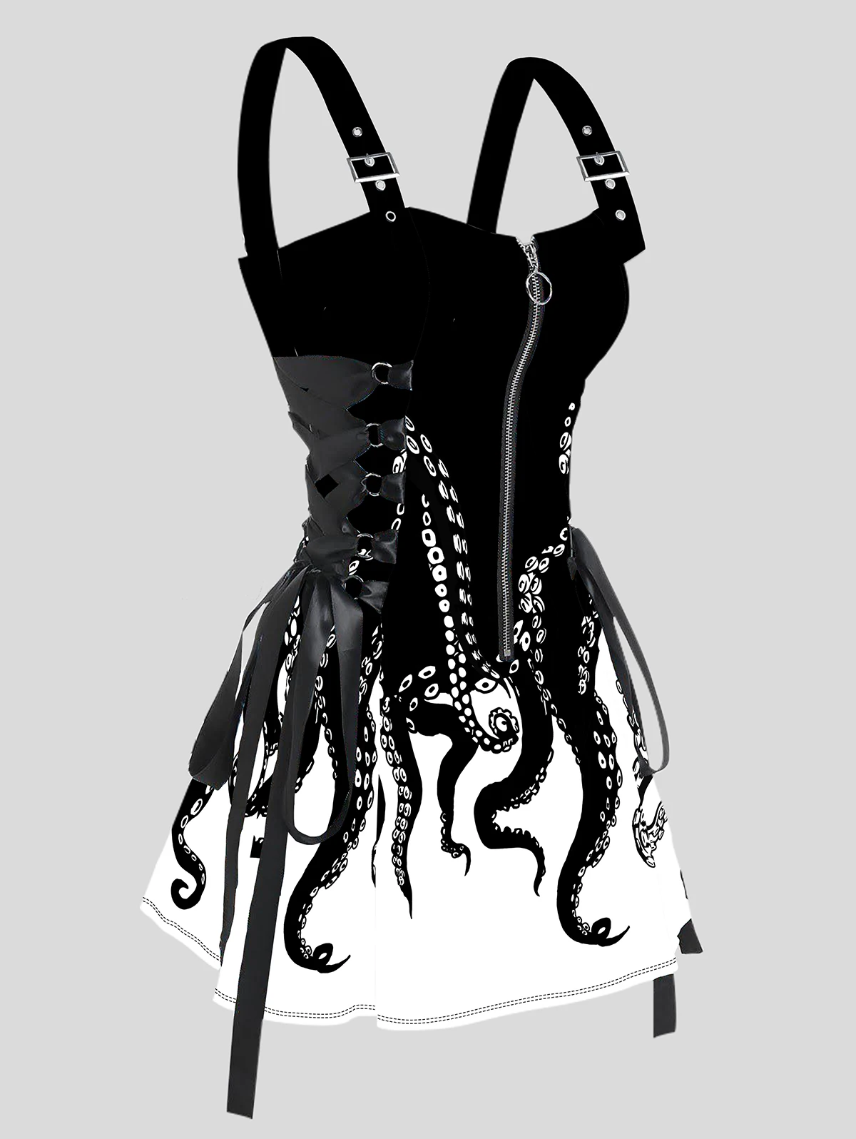 

Dressfo Women Galaxy Octopus Print Lace Up Sexy Mini Dress Goth Half Zipper Adjustable Buckle Strap Robe