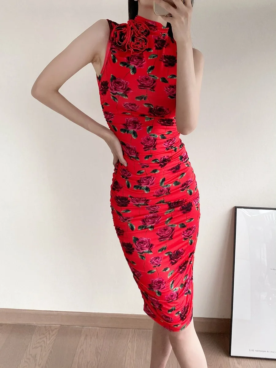 

Traf 2023 WOMAN skirt knitted 3D printed flower tight -fitting corset women's dress y2k clothes new fashion vest pleated skirt