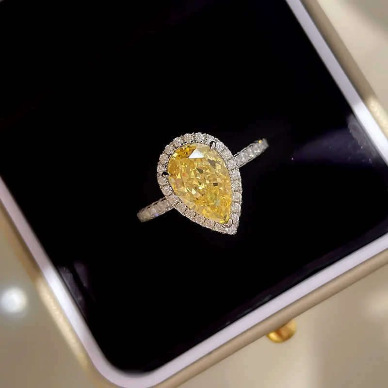 

European and American Fashion S925 Sterling Silver Gold-plated Yellow Diamond Water Drop Ring for Female Li Shaped Index Finger