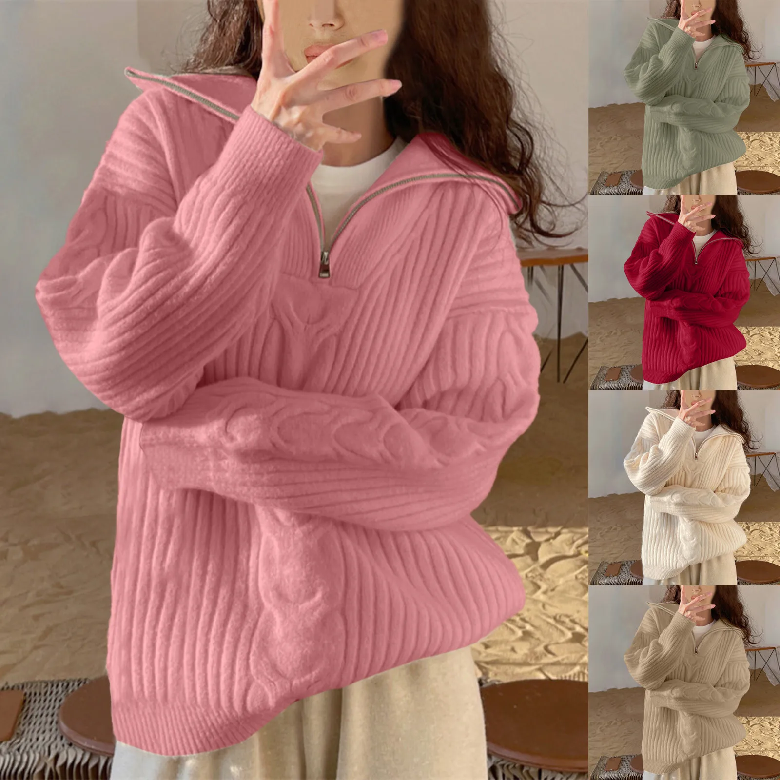 

Женский свитер на молнии, с отложным воротником, с длинным рукавом