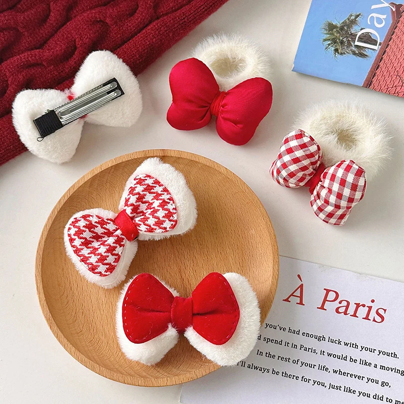 

Chinese Red Bow Barrettes Hairpin Sweet Cute Lattice Furry Bowknot Plush Hair Rope For Women Girl Hair Accessories Headwear