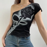 dourbesty 2022 women t shirts gothic style crop top summer rose print tee dark academia aesthetic tshirt alt emo y2k streetwear