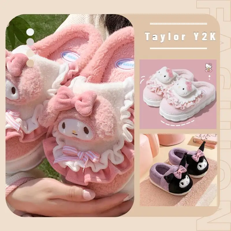 

New Sanrio Hello Kitty Plush Slippers Cartoon Anime Cinnamoroll My Melody Shoes Winter Warm Comfortable Couple Home Cotton Shoes