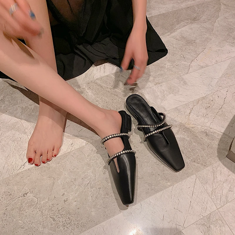 Женские мюли на плоской подошве блестящие мокасины из воловьей кожи без застежки