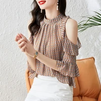 vintage printed butterfly sleeve oversized off shoulder chiffon blouse summer casual tops elegant womens clothing commute shirt