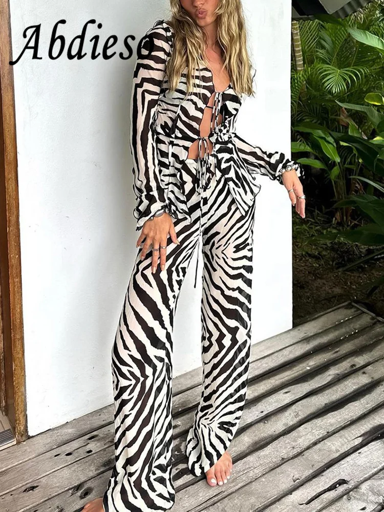 

Abdieso 2023 летний бандажный Черный Брючный костюм с принтом женская одежда Повседневный Модный Топ с длинным рукавом и брюки сексуальный компл...