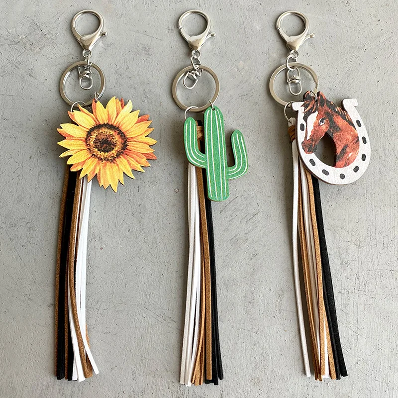 

2022 Wholesale Western Cowboy Key Holder Wooden Sunflower Pendant Cactus Horseshoe Mother's Day Gift Keychain Accessories