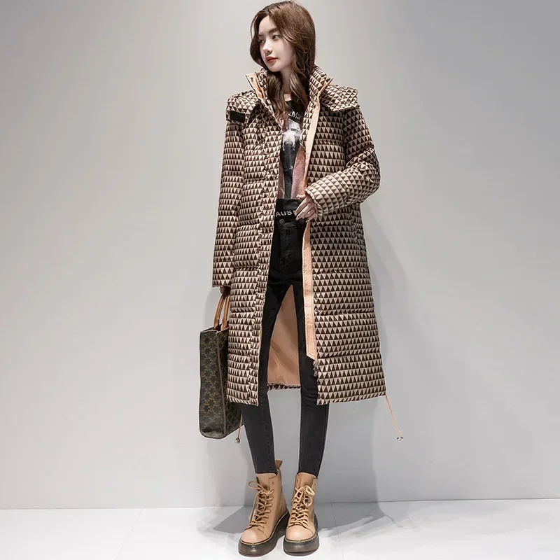 

Зимняя теплая парка 2023, длинное пальто в клетку Sonw, женская модная утепленная пуховая куртка с капюшоном, Женская ветрозащитная теплая верхняя одежда
