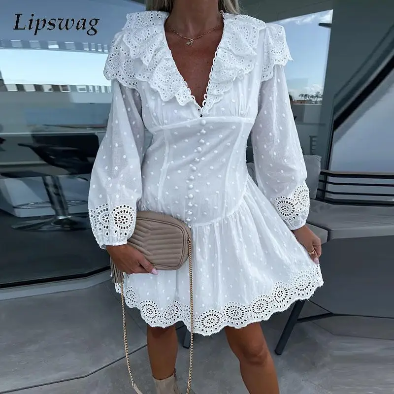 

Женское модное однотонное платье с оборками на шее, повседневное кружевное платье-трапеция с вышивкой, офисные женские элегантные мини-пла...