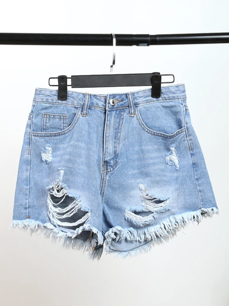 New Summer Women Fashion High Waist Hole Pockets Denim Shorts Female Casual Buttons Solid Color Wide Leg Jean Shorts