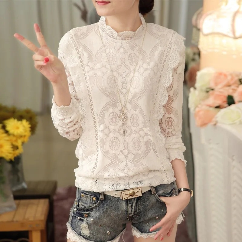 

Lace Woman Shirts Summer 2023 New Blouses Slim Fit Long Sleeve Solid Tops O-neck Patchwork Ladies Casual Clothing YCMYUNYAN