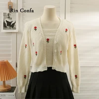 rin confa suit women embroider single breasted low neck long sleeve overcoat sweater women short knitting camisole