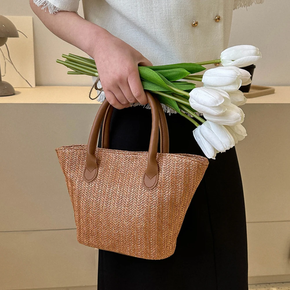 

Summer Women Handbags PU Handle Hand-woven Handbag Handmade Casual Simple Fashion Portable Elegant Exquisite for Holiday Party