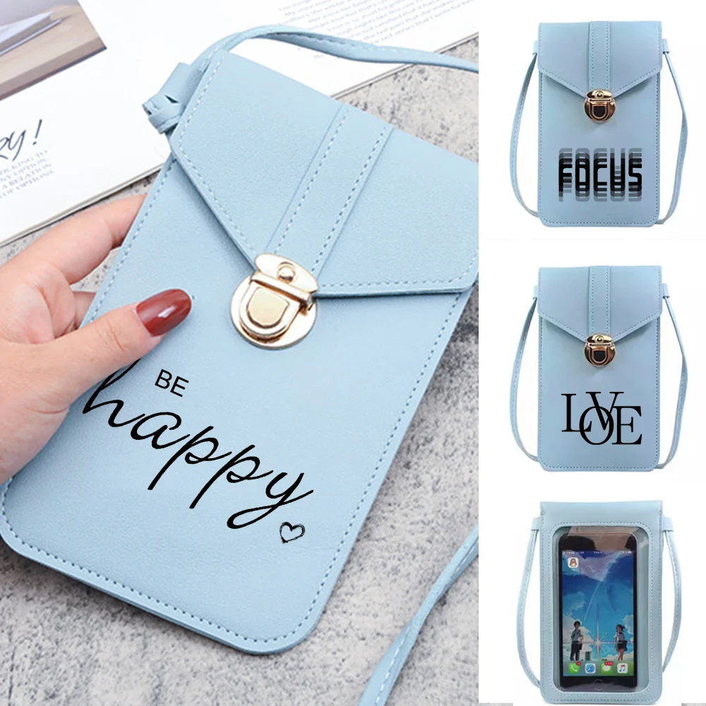 

Women Mini PU Leather Shoulder Messenger Bag Universal Mirror Touch Screen Anti-Scratch Mobile Phone Bags Wallet Text Print