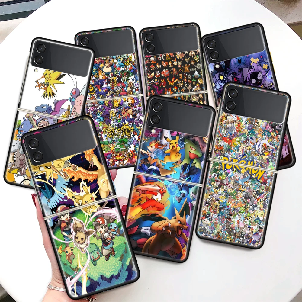 

Anime Pokemon Coque Phone Case For Samsung Galaxy Z Flip 3 5G Black Hard Cover ZFlip 3 Luxury Shockproof Bumper Fundas