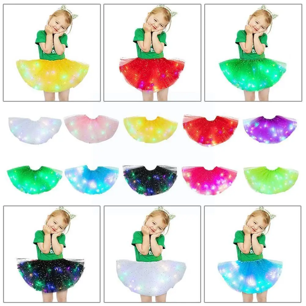 

Led Skirt With Light Girls Neon LED Skirt Party Stage Dance Wear Pleated Layered Tulle Light Up Short Dress For 3-12 Years K9P2