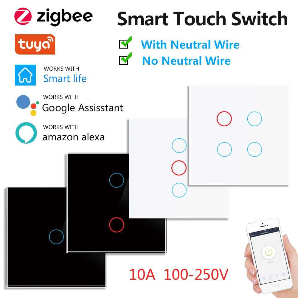 ZigBee Smart Touch Light Switch Neutral Wire/No Neutral US/EU 1/2/3/4 Gang Wall Touch Switch Back Light Tuya Alexa Google Home
