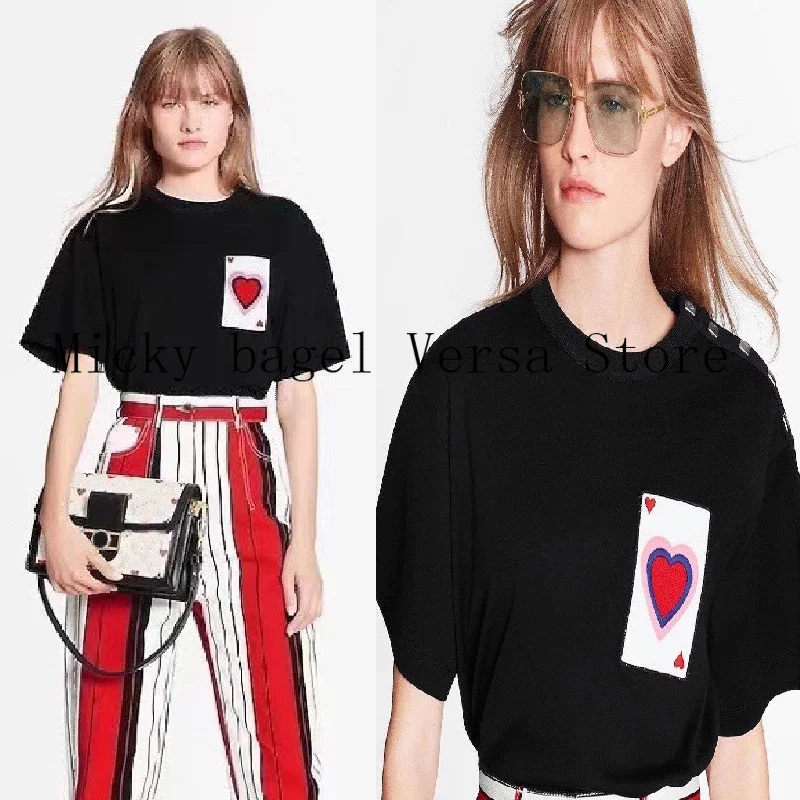 

high end quality women's clothes fashion embroidery paste cloth letters women's top shoulder button loose short sleeve T-shirt