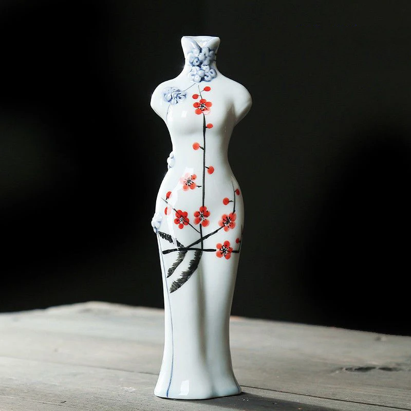Фото Неоклассический китайский Cheongsam из селадона, ручная роспись, керамическая подставка для цветов, гидропонное устройство для сухих цветов, украшение для стола №4