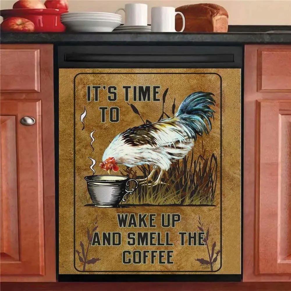 

Country Chicken Dishwasher Door Sticker -It Is Time To Wake UP Kitchen Decor,Farm Rooster Panels for Refrigerator, Smell Coffee