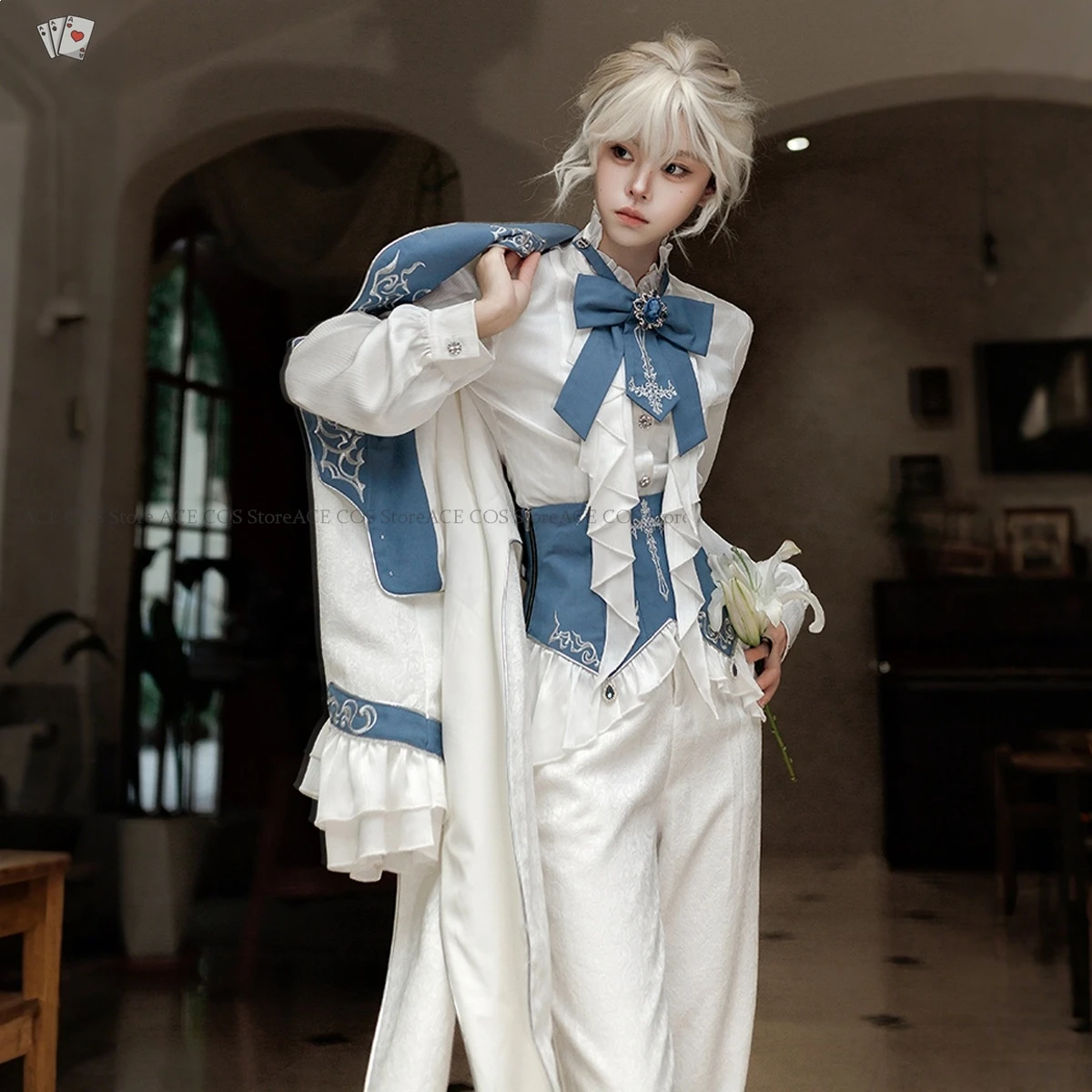 Фото Комплект Ouji Jirai Kei Knight Prince Lolita для женщин и унисекс: винтажный дворцовый наряд, пальто, блузка, пояс для утяжки талии №5