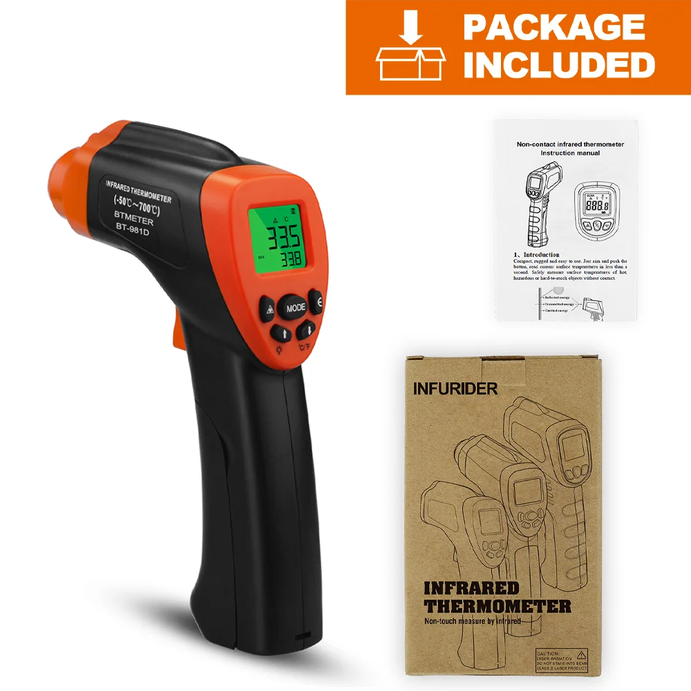 BTMETER BT-981D Инфракрасный пистолет для измерения температуры, -50 ℃   До 550° ℃   Диапазон, быстрая реакция 500 мс, соотношение расстояния 12:1, для промышленного применения (art.: 3920ccef02912) - 3920ccef02912