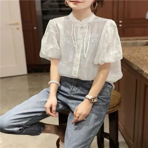 Small designer embroidered button new Chinese style puff sleeve shirt  harajuku shirt  t shirt for women  Hollow Out