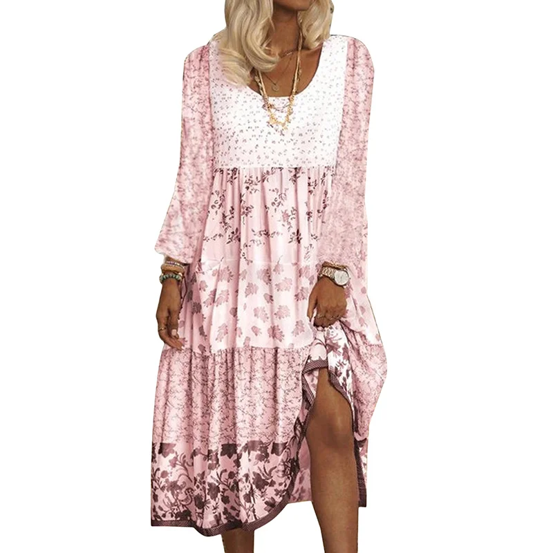

Women Long Dress Spring Summer Fashion Casual Floral Dress Round Neck Long Sleeve Loose Up Side Slit Dresses Clothes New 2022