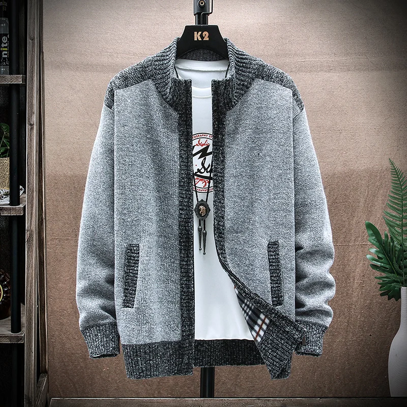 Cardigan Sweater Men's Patchwork Stand-up Collar Zipper Sweater Cardigan Korean Fashion Casual Cashmere Men's Jacket 3XL