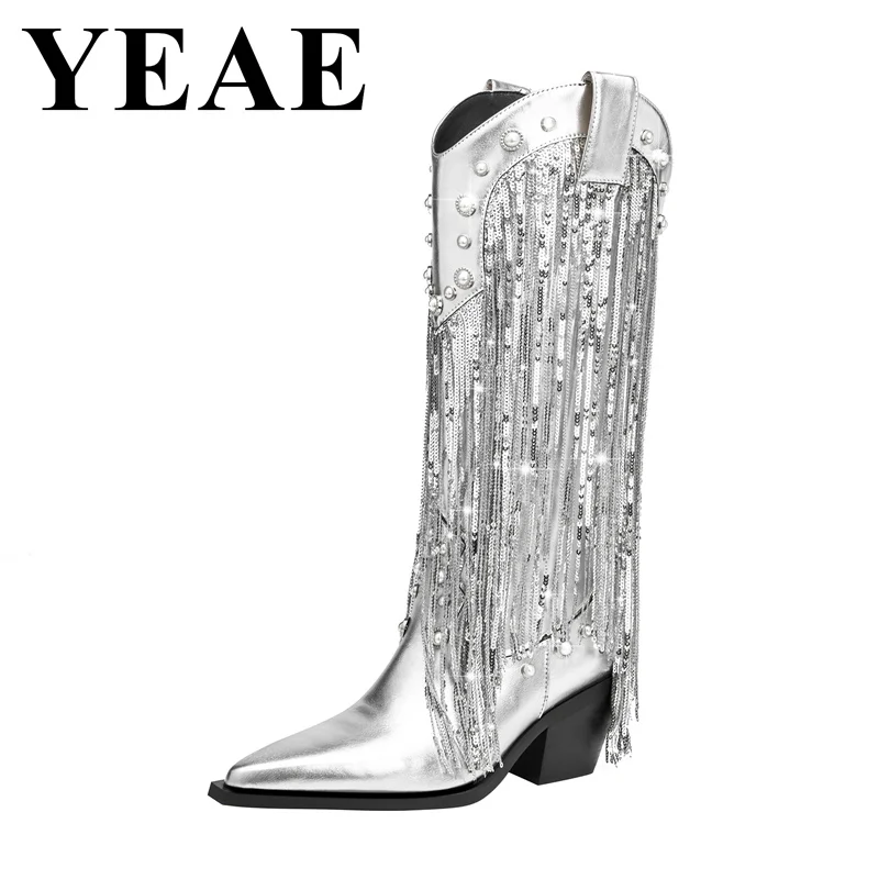 Модные женские Серебристые сапоги до колена с блестками повседневная обувь без
