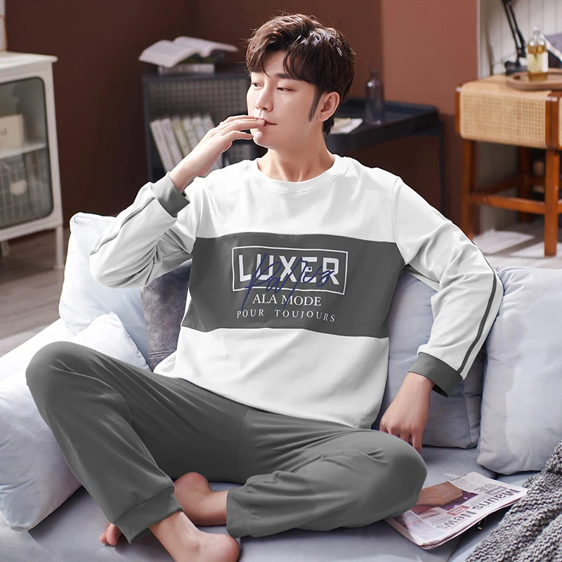 QUHENG 2022 Cotton Pijama for Men 2 Pieces Lounge Sleepwear Pyjamas Long Sleeve Round Neck Home Clothes Man Cotton Pajamas Set