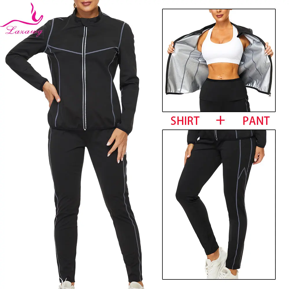 Купи LAZAWG Sauna Set for Women Weight Loss Suit Sweat Jacket Leggings Fitness Top Pants Thermo Long Sleeves Trousers Body Shaper Gym за 985 рублей в магазине AliExpress