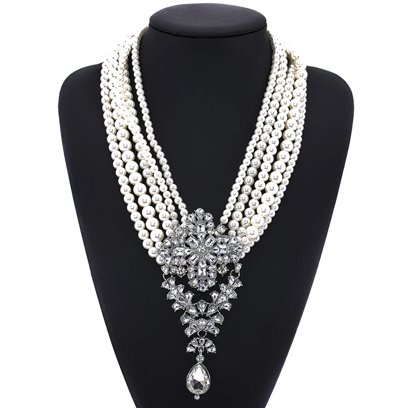 

Fashion Multi Layered Imitation Pearl Neckalce for Women Luxury Crystal Pendants Chain Jewelry Maxi Statement Choker