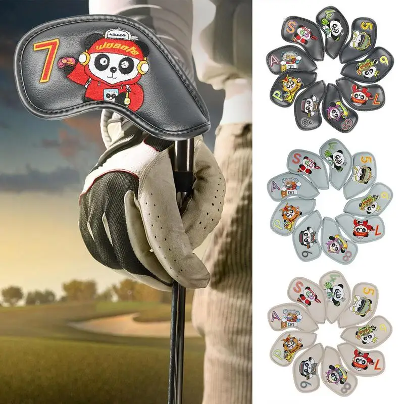 

9pcs PU Head Covers For Golf Clubs With Panda Embroidered Club Label Golf Accessories For Men Driver Headcover Fits Most Clubs