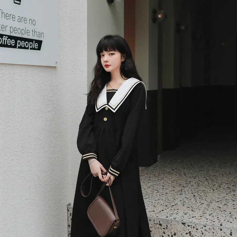 

Harajuku Sailor Collar Japanese Lolita Dress Sweet Bow-knot Girl Navy Retro Cotton Kawaii Preppy Style Sleeve Dress for Women